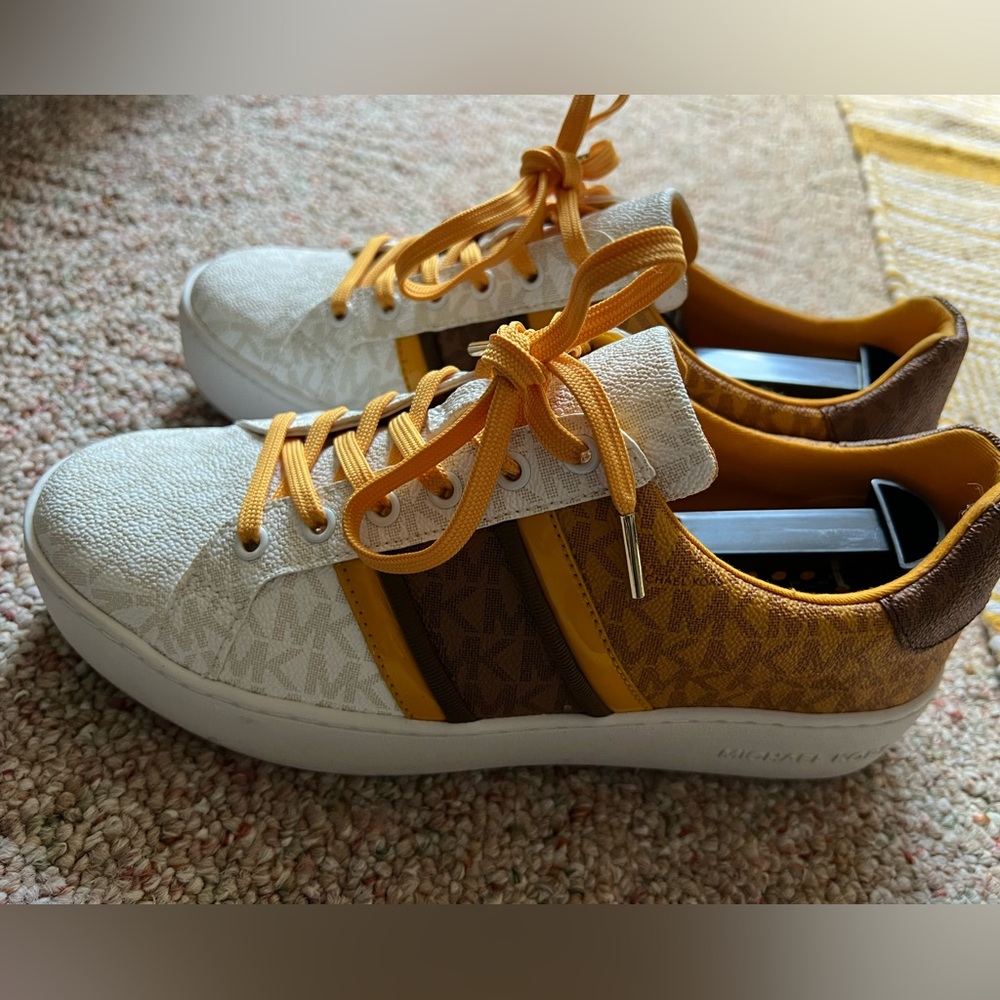 Michael Kors White and Mustard Logo Stripe Sneakers